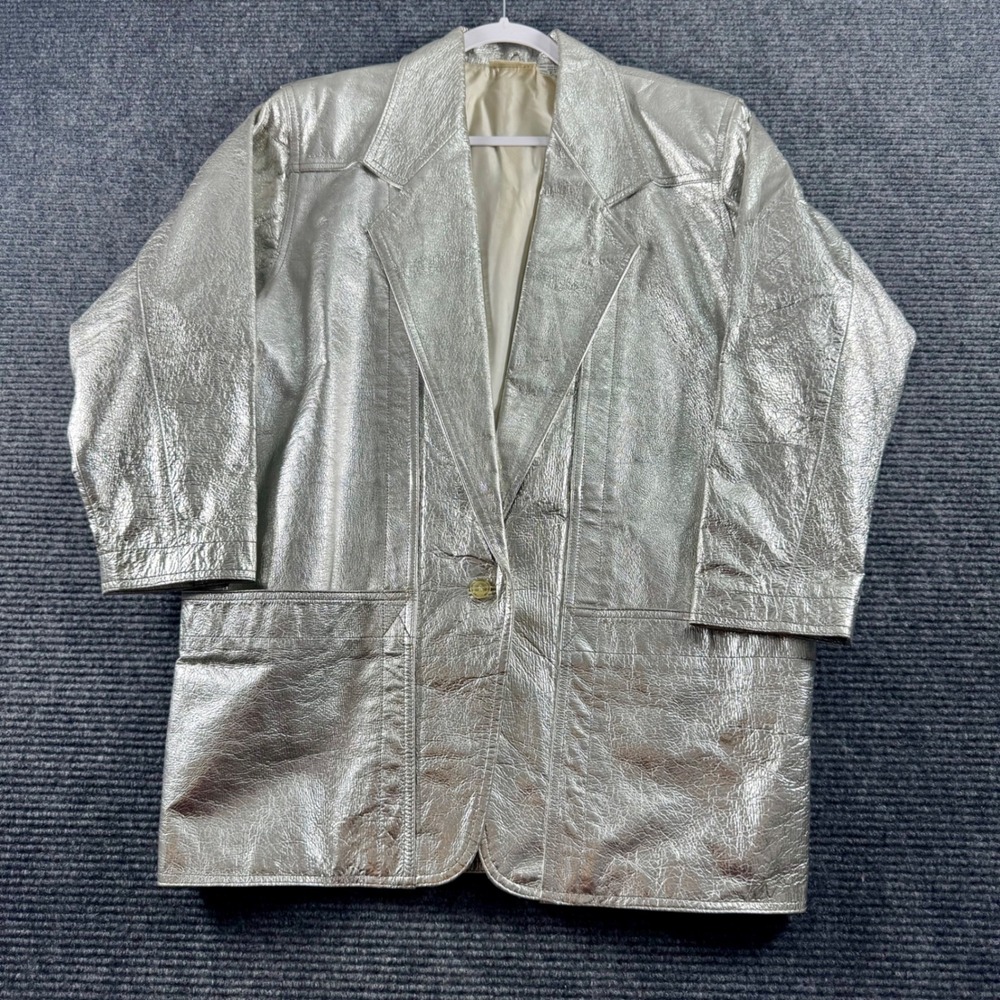 Vintage Pia Rucci Silver Metallic Genuine Leather Blazer Jacket L 90s Oversized